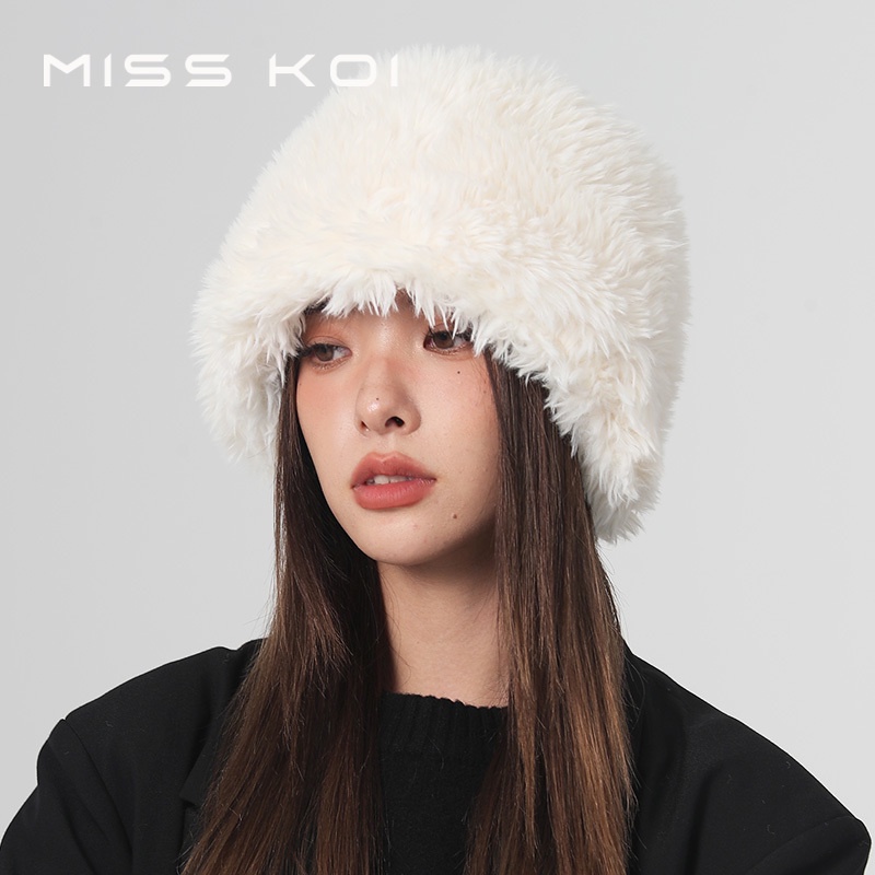 Misskoi [พร้อมส่ง] หมวกบักเก็ต ผ้าวูลถัก แบบหนา ป้องกันหู ให้ความอบอุ่น สีขาว แฟชั่นฤดูใบไม้ร่วง ฤดูหนาว สําหรับผู้หญิง
