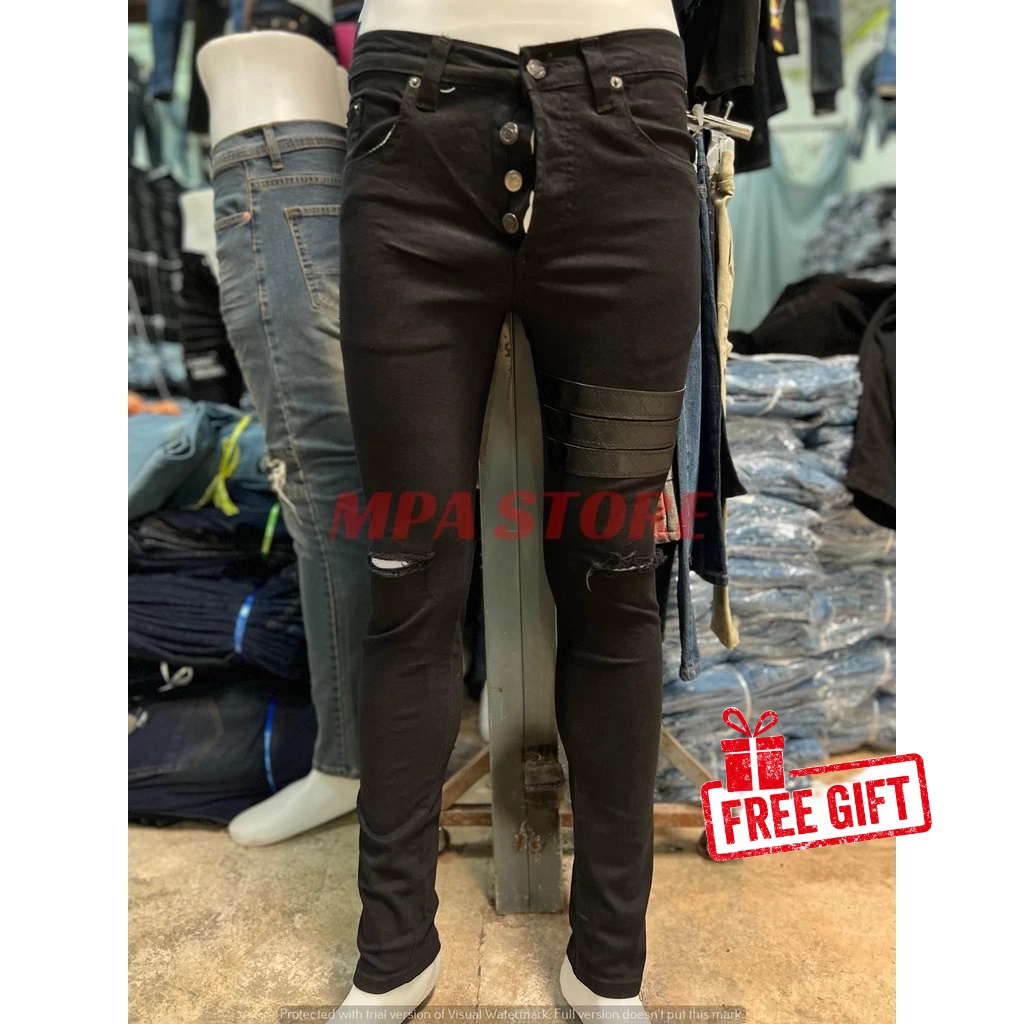 Seluar Jeans Skinny Ton 3 Line Hitam Button Fly