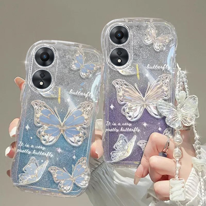 เคส OPPO A58 5G A58 4G A78 5G 4G A58X A38 A18 A98 Reno 8T 5G A1 Pro A2 Pro 5G ป้องกันโทรศัพท์มือถือ แบบนิ่ม ลายผีเสื้อ ประดับกลิตเตอร์ ไล่โทนสี สีม่วง สีฟ้า และสีม่วง หรูหรา สําหรับ