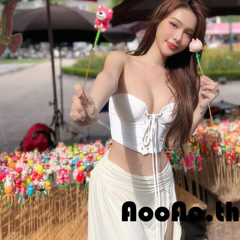 Aooao-ผู้หญิงittis Corset Tube Topsแขนกุดที่ไม่มีสายหนังสีทึบ Bustier Cross Tie-up Bandeau Crop Tops