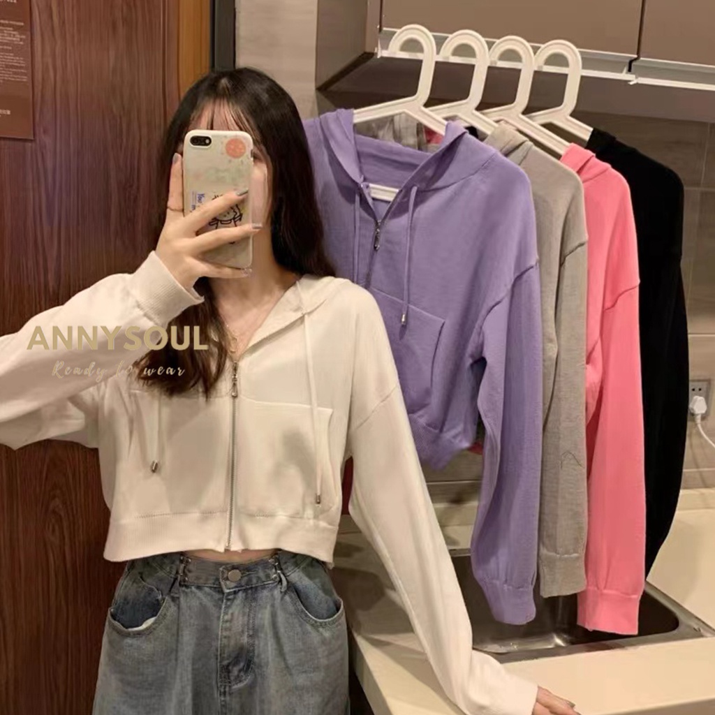 เสื้อครอปท็อปแขนยาวลําลอง มีฮู้ด แต่งซิป สไตล์สปอร์ต