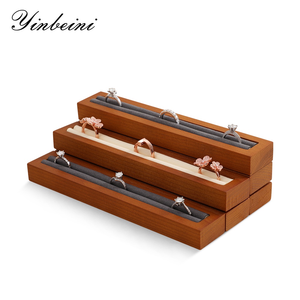Yinbeini ที่วางโชว์แหวนยืนแสดงแหวนไม้พร้อมแหวนไมโครไฟเบอร์จัดเก็บชั้นวาง SM018