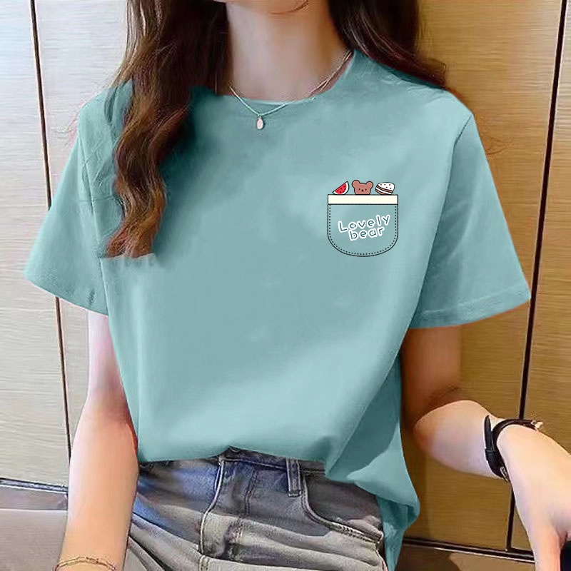เสื้อยืดคอกลม แขนสั้น ทรงหลวม สีแดง แฟชั่นสําหรับผู้หญิง
