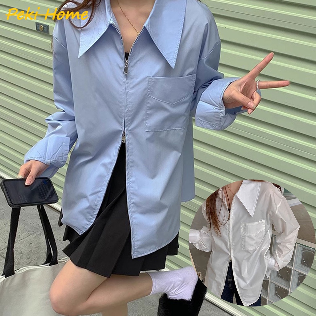เสื้อเชิ้ตโอเวอร์ไซส์ซิปหน้า รูดได้ทั้งบนล่าง สไตล์เกาหลี