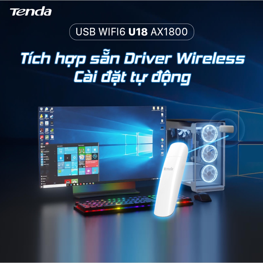 ตัวรับสัญญาณ USB Wifi TENDA U18 CH (AX1800 Standard Wifi 6, 2 สาย, ไม่มีเสาอากาศ, 1775Mbps, USB 3.0,