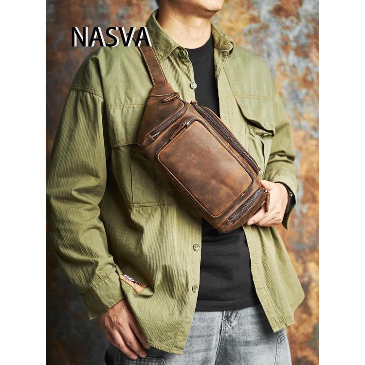 NASVA กระเป๋าคาดเอวหนังวัว Crazy Horse Retro คาดหน้าอก สะพายไหล่ Messenger ผู้ชาย