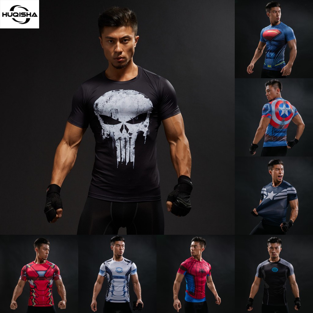 Superhero Punisher คอสเพลย์ชายเสื้อ Skull 3D แน่นเสื้อยืดฟิตเนส Body Building การออกกําลังกายวิ่ง Tops