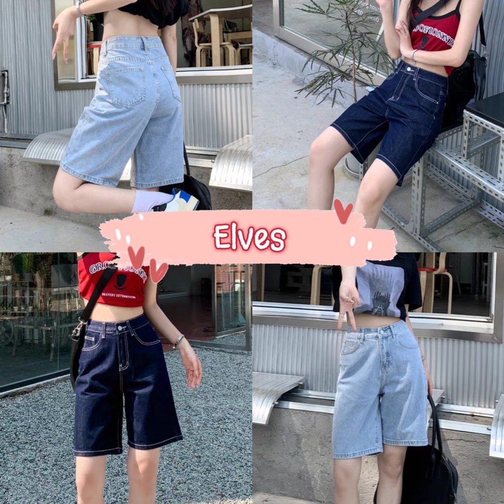 Elves พร้อมส่ง กางเกงยีนส์ 3 ส่วน แนวสตรีท ทรงเอวกลางๆ SMLXL ~N8001~
