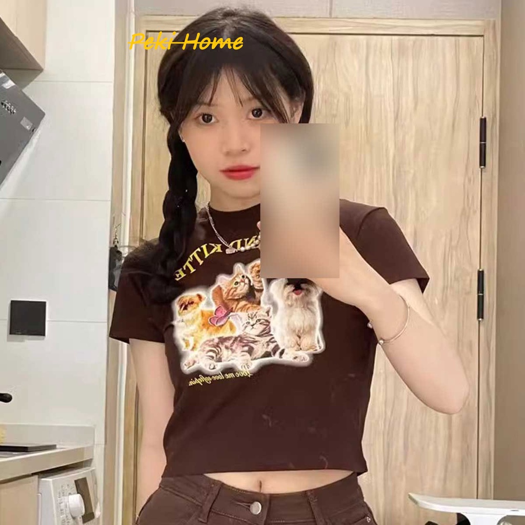 ส่งไวจากไทย TAYCEN M-XL ผู้หญิง เสื้อครอป ท็อป แขนสั้น เรียบๆ เกาหลี เสื้อ