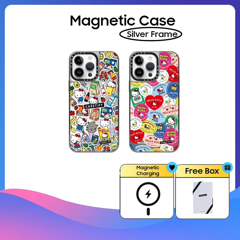 Casetify Silver Frame Hello Kitty Produce Stickers Mirror Hard Plastics Pc impact Case Cover สําหรับ iPhone 11 12 13 14 15 Pro Max