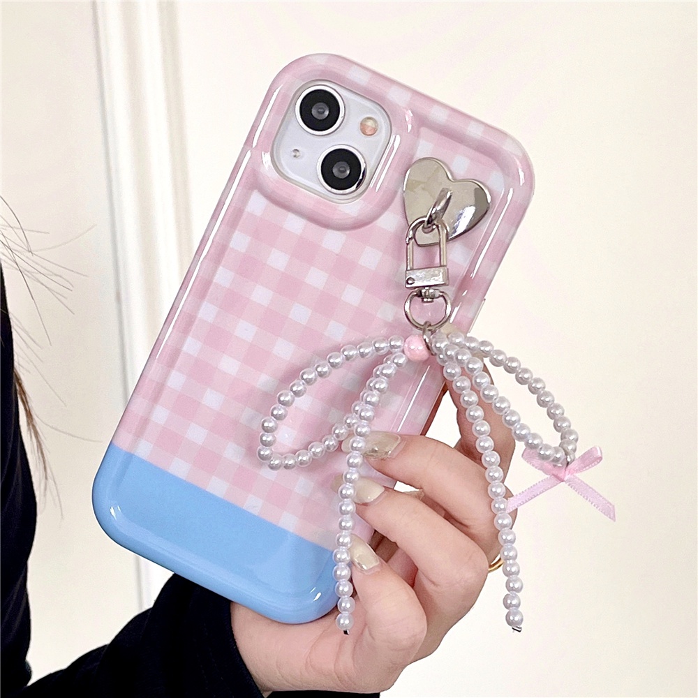 เคสโทรศัพท์มือถือ กันกระแทก ปิดด้านหลัง ประดับโบว์ ไข่มุก ลายสก๊อต สีชมพู แบบเรียบง่าย สไตล์เกาหลี หรูหรา สําหรับ iPhone 11 12 13 14 Pro Max 15promax