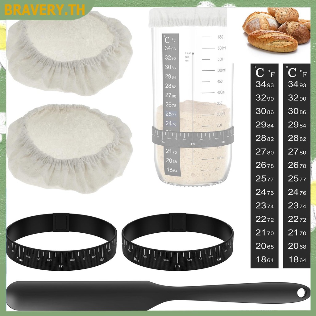7 ชิ้น Sourdough Starter Kit Sourdough Starter อุปกรณ์เสริมผ้าครอบคลุมอุณหภูมิและวันที่ Marked Feedi