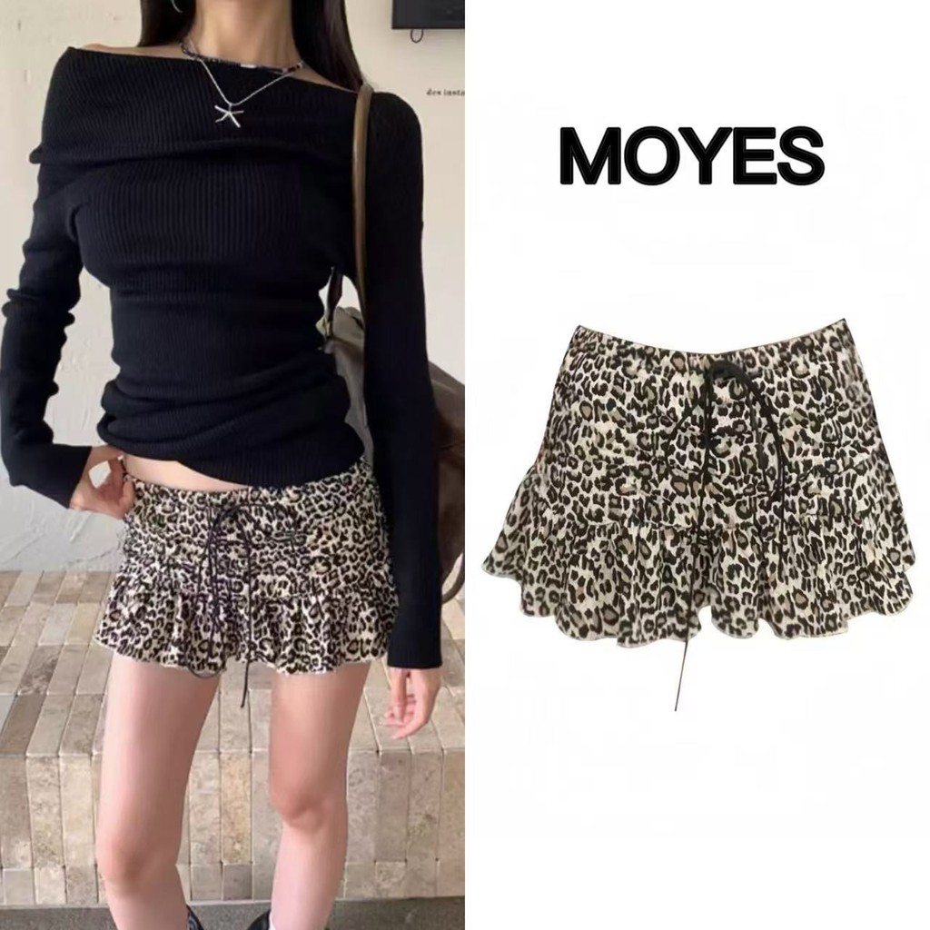 MOYES พร้อมส่ง พิมพ์เสือดาวย้อนยุค การออกแบบเอวสไตล์ย้อนยุคอเมริกัน กระโปรงลายเสือดาวจับจีบกระโปรงทรงเอ