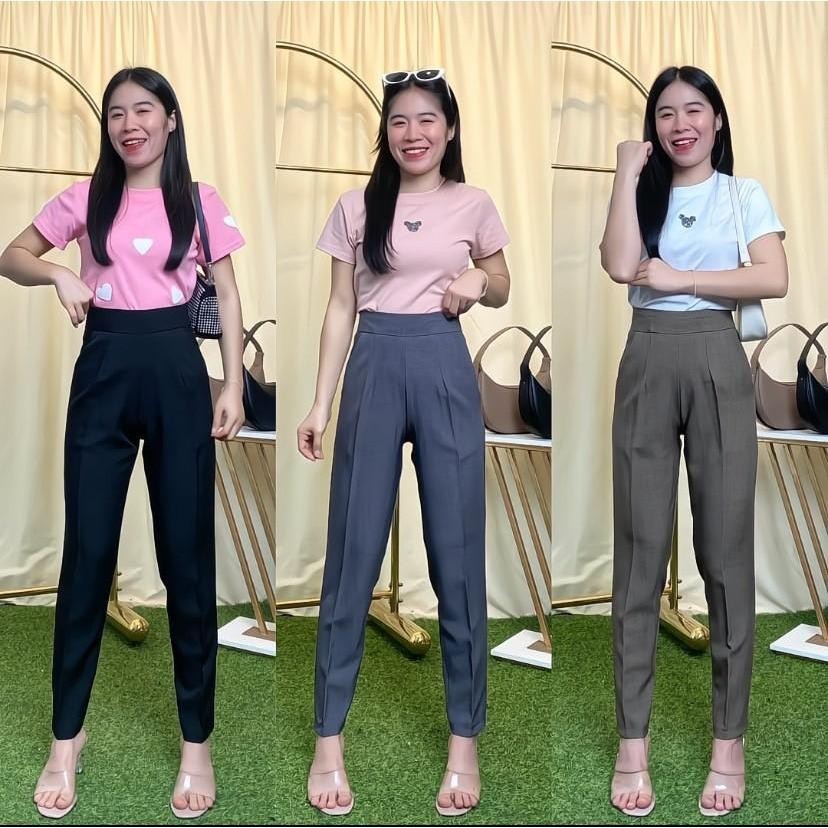 NEW!! G99 กางเกงขากระบอกเล็ก ซิปข้าง  เอวสูง หน้าเรียบ ผ้าฟอร์ร่า