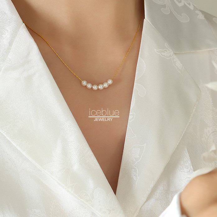 【iceblue】สร้อยคอมุกจำลอง .material=เหล็กไทเทเนียมสแตนเลสชุบทอง 18K. สำหรับผู้หญิง ทนน้ำและไม่เกิดสนิ