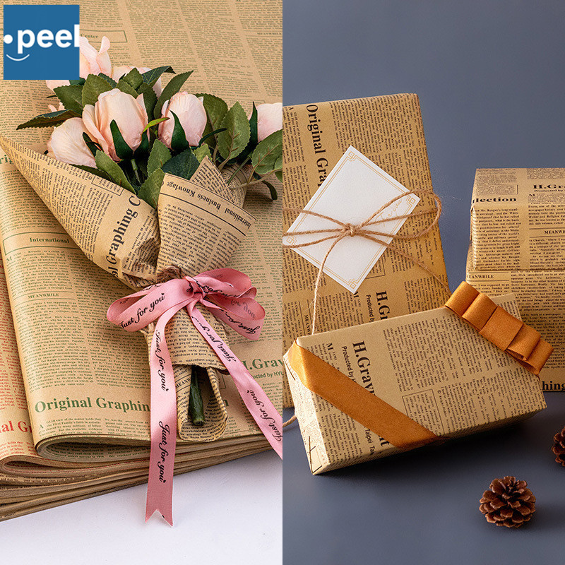 ห่อดอกไม้ กระดาษน้ำตาล ห่อของขวัญ ลายหนังสือพิมพ์ ห่อพัสดุ DIY วัสดุบรรจุภัณฑ์ 50*70ซม ริบบิ้นโบว์รูด