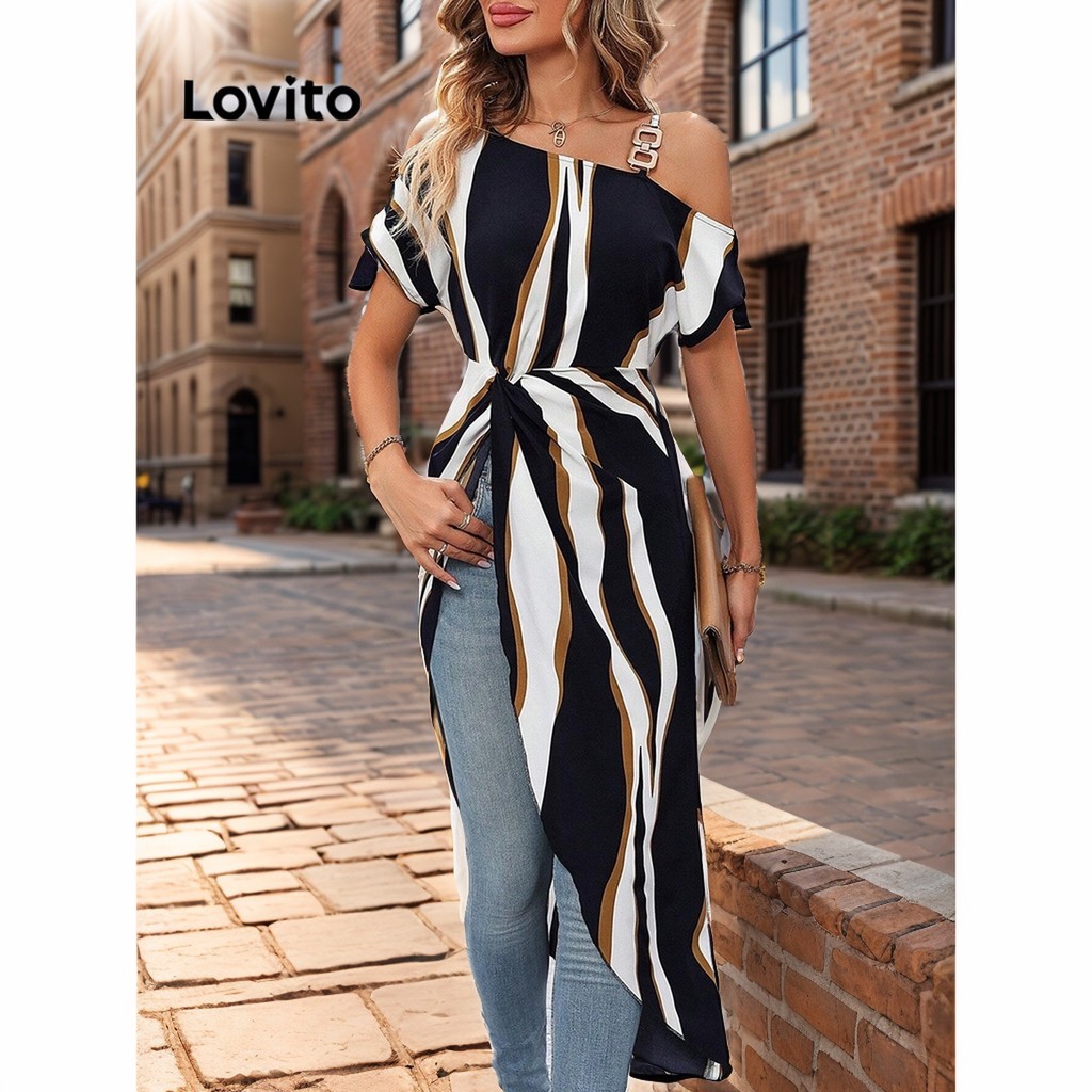 Lovito เสื้อเบลาส์ผู้หญิง เปิดไหล่ ชายด้านหน้าสั้นหลังยาว ลายทาง สไตล์หรูหรา LBL09243