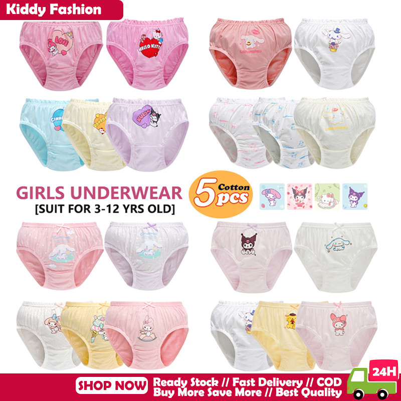 [COD] กางเกงชั้นในเด็กผู้หญิง 5 ชิ้นสําหรับ 2-13ปี ชุดชั้นในผ้าฝ้าย Kuromi สําหรับเด็กผู้หญิง Sanrio