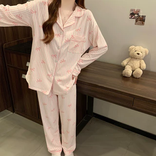 ชุดนอนแขนยาวผ้าไหมนมผ้าฝ้ายแบบมีโบว์ ชุดนอนปกแบบสวมใส่สบาย