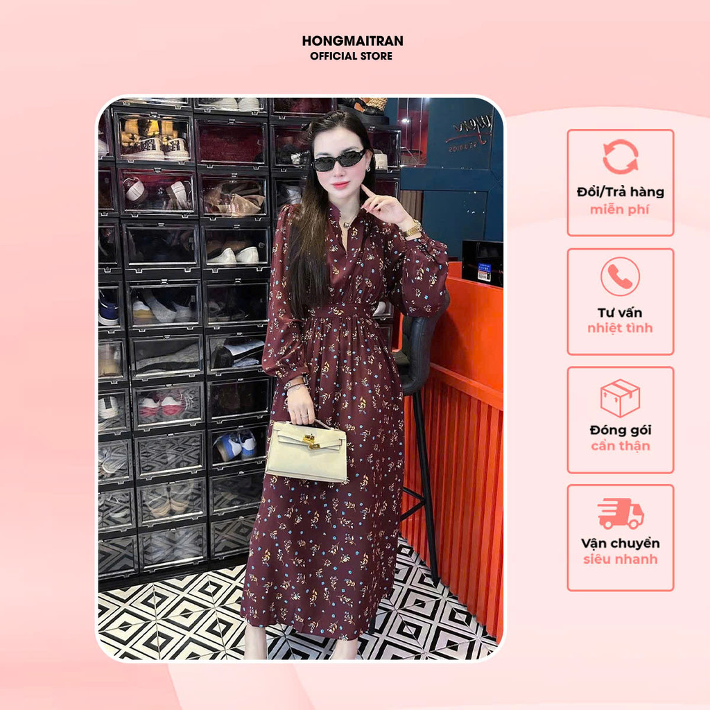 เดรสลายดอกไม้น้อยแนวเรียบหรู นุ่มนวล Hong Mai Tran Store V17084