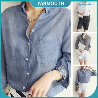 Yyr-- เสื้อเชิ้ตแขนยาวลําลอง คอปก ทรงหลวม แต่งกระดุมแถวเดียว มีกระเป๋าเสื้อ แบบบาง เหมาะกับใส่ทํางาน สําหรับผู้หญิง