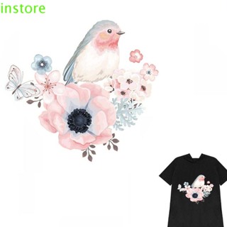 Instore แผ่นสติกเกอร์รีดร้อน ลายดอกไม้ นก ซักล้างได้ สําหรับตกแต่งเสื้อผ้า