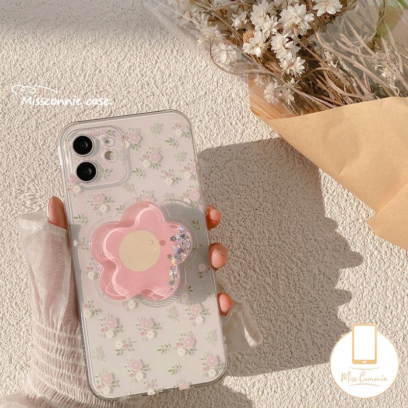 เคสโทรศัพท์มือถือแบบนิ่ม Tpu ใส ลายดอกไม้ สีชมพู พร้อมที่ตั้งวาง สไตล์เกาหลี สําหรับ Samsung A14 A12 A50 A23 A03s A21s A30s A53 A50s A51 A13 A11 A02 A33 A22 A31 A10 A04 E A20s A52s A20 A72 A52 A03 A04s A71