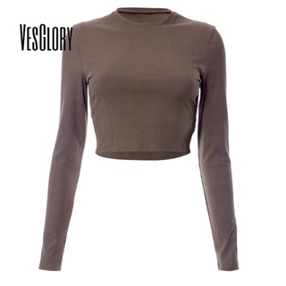 Vesglory เสื้อครอปท็อปแขนยาว คอกลม เข้ารูป สีพื้น แฟชั่นสําหรับผู้หญิง 2023