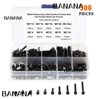 Banana1 ชุดสกรูเมตริก เหล็กอัลลอย เกรด 12.9 M3 สีดํา พร้อมกล่องเก็บ 4-20 มม. 9 ขนาด DIY 300 ชิ้น