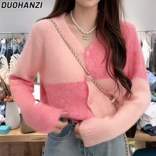 Duohanzi เสื้อกันหนาว คอวี ผ้าถัก ลายสก๊อต สไตล์เกาหลี ฤดูใบไม้ร่วง เข้ากับทุกชุด สําหรับผู้หญิง