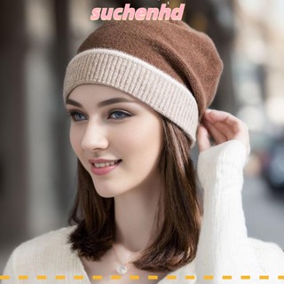 Suchenhd หมวกถัก ผ้าแคชเมียร์ ผ้ากํามะหยี่ขนนิ่ม ป้องกันหู ให้ความอบอุ่น สีพื้น แฟชั่นฤดูหนาว สําหรับผู้หญิง