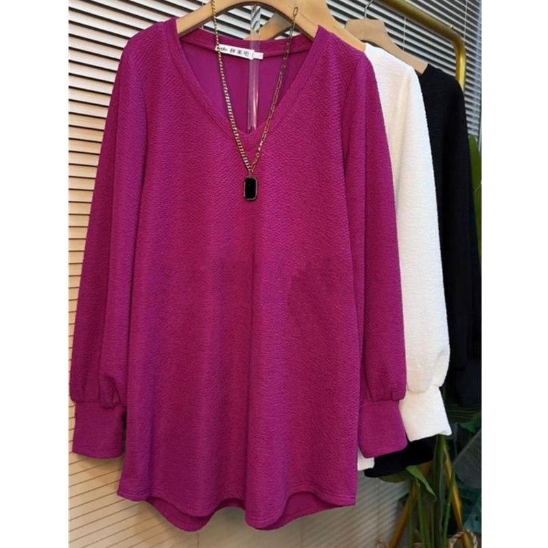 【เสื้อเบลาส์ขนาดใหญ่】เสื้อยืดแขนยาว คอวี ทรงหลวม โอเวอร์ไซซ์ พลัสไซซ์ แฟชั่นสําหรับสตรี (40-150 กก.)