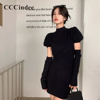 Cccindee ชุดเดรสสั้น คอเต่า แขนทรงสลิมฟิต สีพื้น แฟชั่นใหม่ สําหรับสตรี 2023