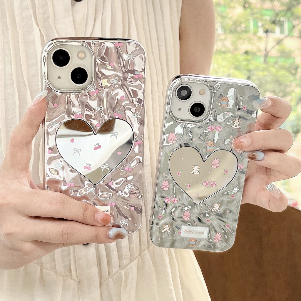 เคสโทรศัพท์มือถือ ชุบเงิน ปิดด้านหลัง ลายดอกไม้ เชอร์รี่ พร้อมสายคล้องข้อมือ และกระจก สําหรับ IPhone 11 12 13 14 15 Pro Max