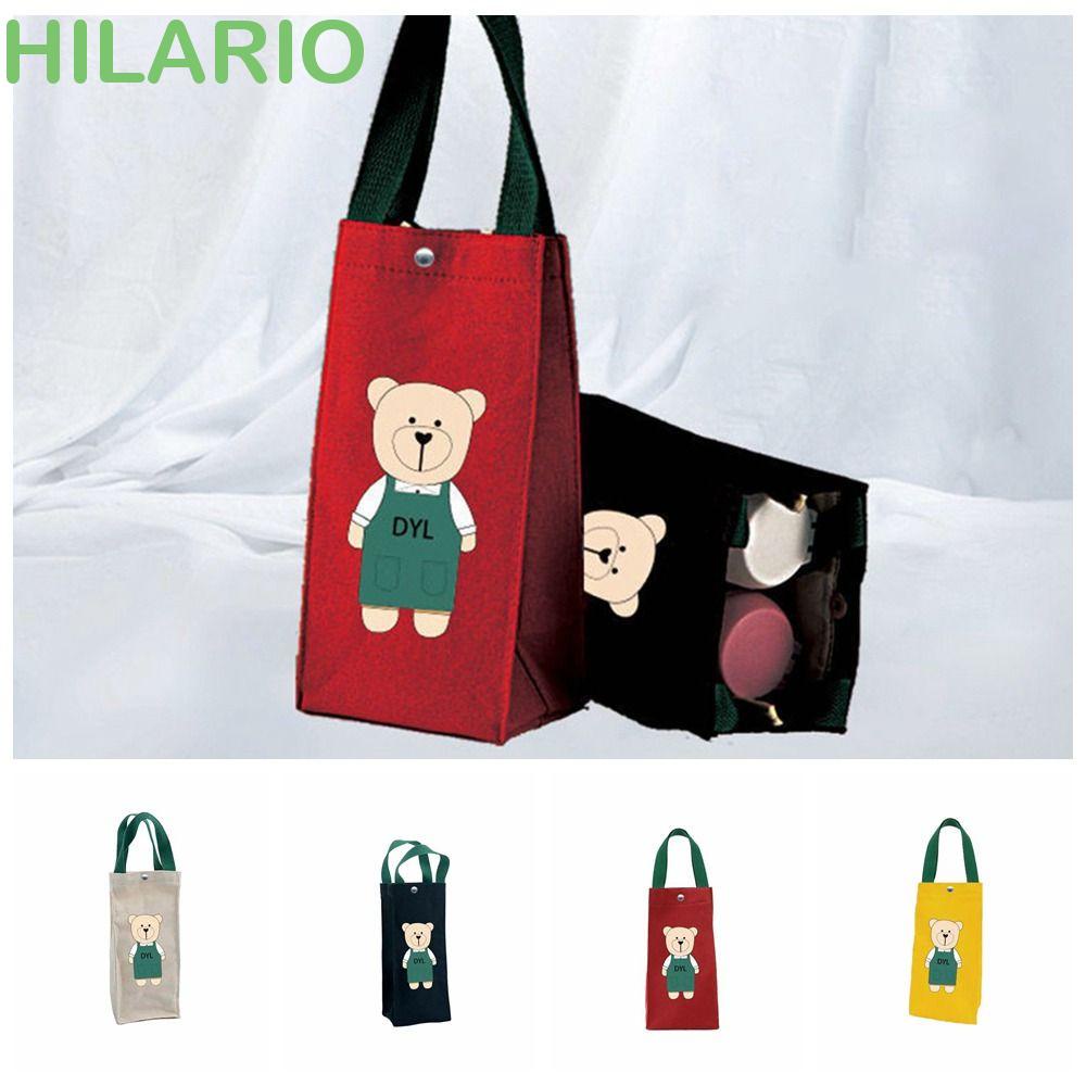 Hilario กระเป๋าถือ ผ้าแคนวาส พิมพ์ลายหมีน่ารัก แบบพกพา สําหรับใส่แก้วน้ํา