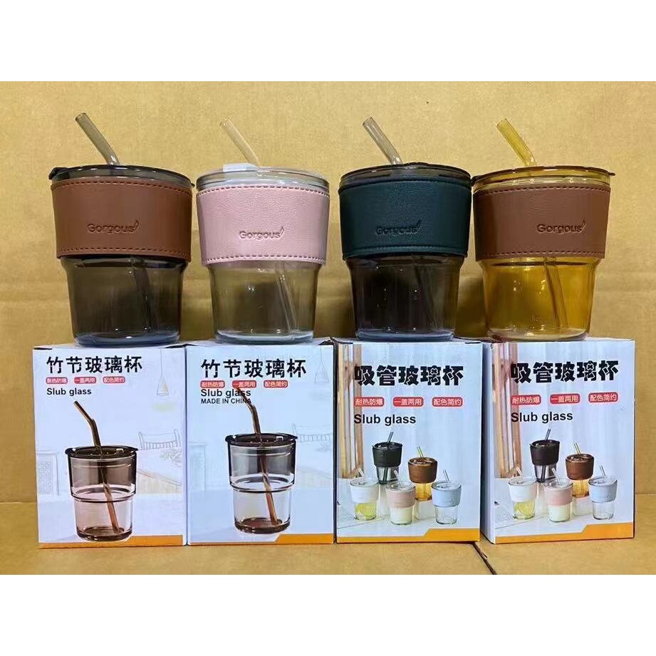 SALE 4 สีแก้วกาแฟใสพร้อมปลอกหนังกันร้อน 400ml พร้อมหลอดแก้ว ฝาปิด Gorgous Slub glass
