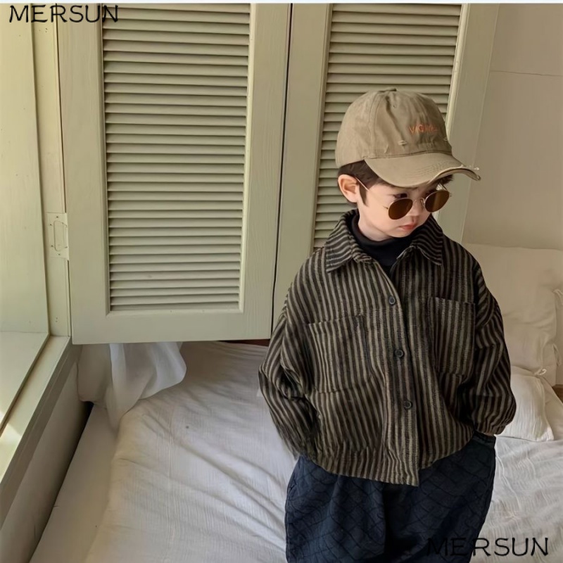 เสื้อแจ็กเก็ตลําลอง ทรงหลวม ลายทางแนวตั้ง แฟชั่นฤดูใบไม้ผลิ และฤดูใบไม้ร่วง สไตล์เกาหลี สําหรับเด็กผู้ชาย