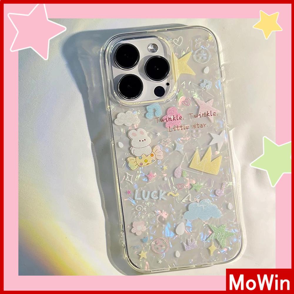 Mowin - เข้ากันได้สำหรับ เคสไอโฟน11 สำหรับ iPhone 15 PRO MAX เปลือกหอยทะเลหลากสีสัน โฮโลแกรมเลเซอร์ใสเคส TPU น่ารักกระต่ายสีชมพูดาวเข้ากันได้กับ 14 PRO MAX 13 12 XR XS 7Plus 8 PLUS