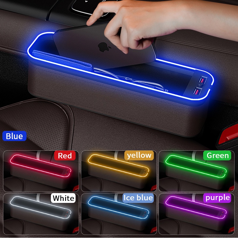 กล่องเก็บของเบาะรถยนต์พร้อมที่ชาร์จ USB 2 ช่อง LED สีสันสดใส Seat Gap Slit Pocket Seat Organizer การ์ดที่วางโทรศัพท์
