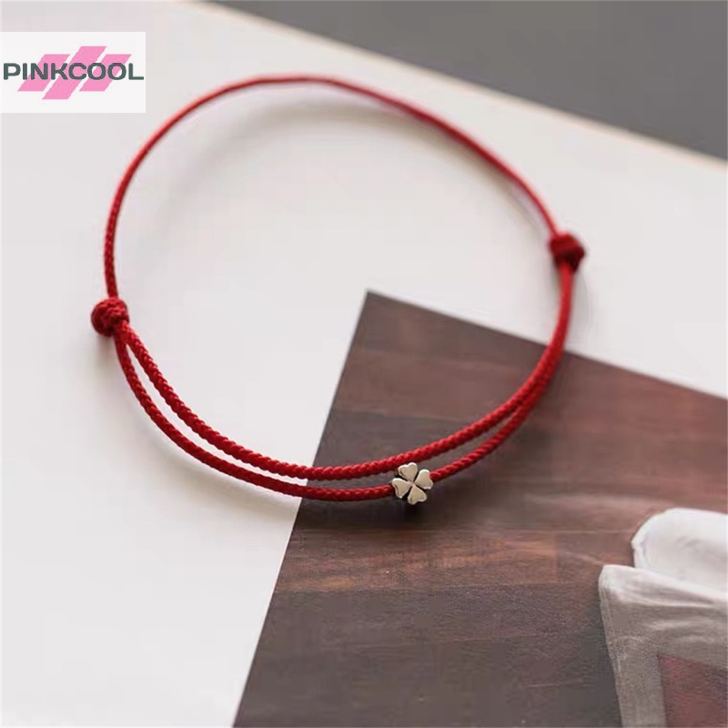 PINKCOOL สร้อยข้อมือสตริงโคลเวอร์สี่ใบโชคดีสีแดงแฮนด์เมดเชือกสร้อยข้อมือเสน่ห์ร้อน