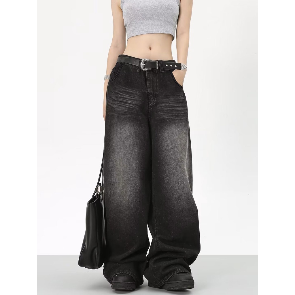 DaDuHey Women New American Style High Street Retro Jeans Straight Loose Fashion Brand Wide-Legged Casual Mop Long Pants