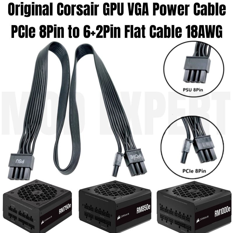 CORSAIR PCIe 8Pin ถึง 8Pin เดี่ยว 6 + 2Pin VGA GPU สายไฟ 650 มม. 18AWG สําหรับ RM750e RM850e RM1000e