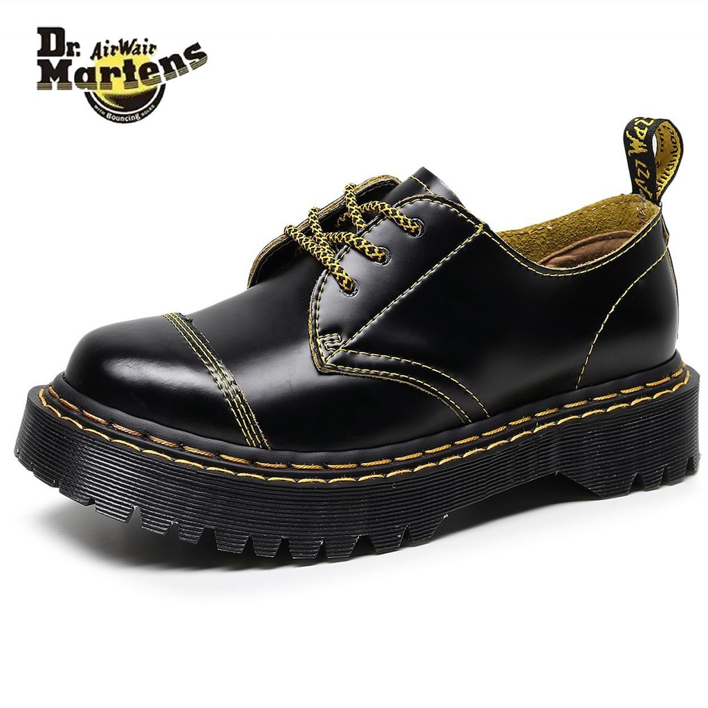 Dr. martens Ladies Low-Top ของแท้หนัง Double Yellow Line Round Toe Casual Martin รองเท้า
