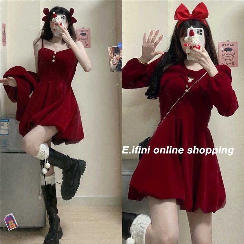 E.ifini เดรส เสื้อผ้าแฟชั่นผู้หญิง ชุดคริสต์มาส ชุดสีแดง WLQ23B018U 44Z231103