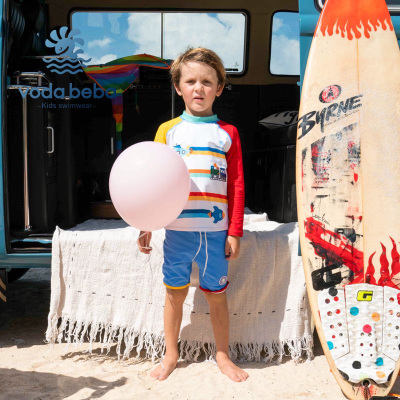 VODA BEBA ชุดว่ายน้ํา แขนยาว กางเกงขาสั้น กันแดด สําหรับเด็กผู้ชาย ขนาดกลาง ขนาดใหญ่