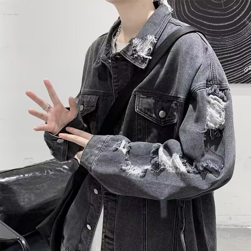 Tide BEAR ใหม่ เสื้อแจ็กเก็ตยีน แขนยาว โอเวอร์ไซซ์ ลายสตรีท สไตล์ฮิปฮอป เรโทร แฟชั่นสําหรับผู้ชาย