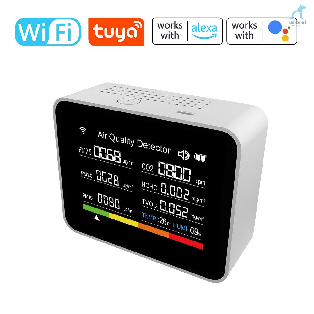 Umt 13 in 1 Tuya WIFI เครื่องตรวจจับคุณภาพอากาศอัจฉริยะ CO2 CO2 TVOC HCHO PM2.5 PM1.0 PM10 อุณหภูมิ ความชื้น เวลา วันที่ ปลุก จับเวลา นาฬิกาจับเวลา รองรับแอพระยะไกล