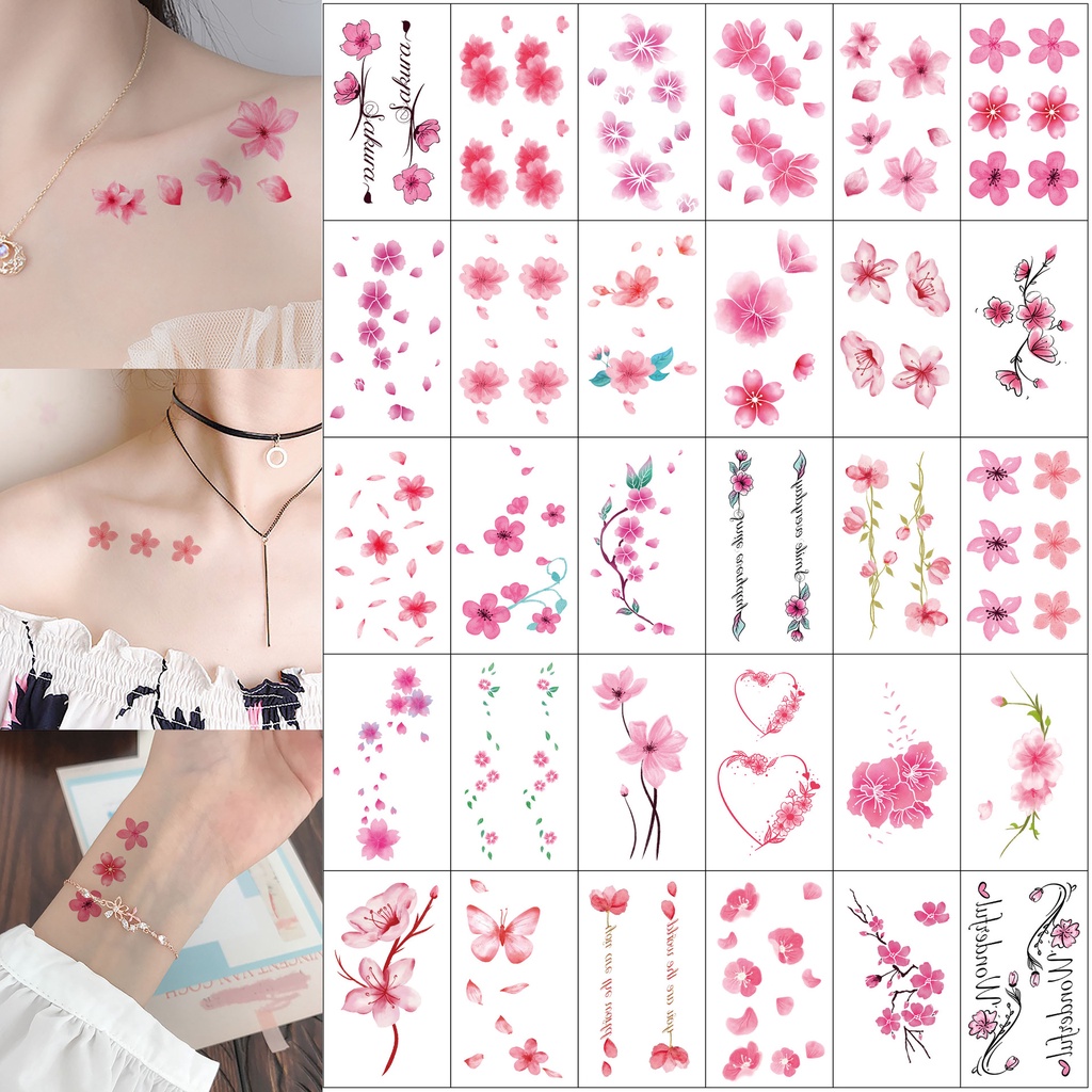 สติกเกอร์รอยสักชั่วคราว ลายดอกซากุระปลอม กันน้ํา สําหรับผู้หญิง 30 ชิ้น