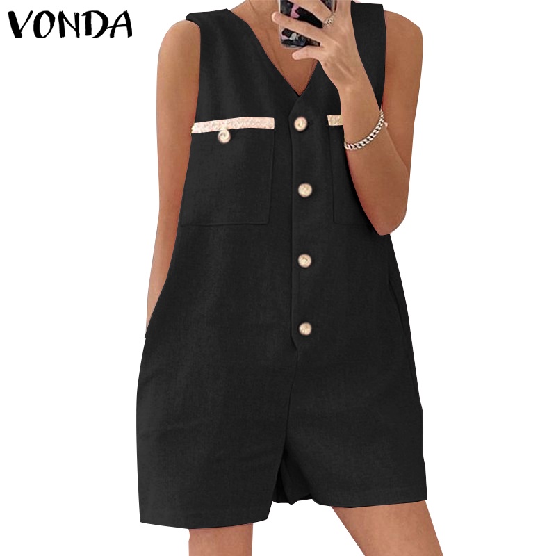 Vonda ชุดจั๊มสูท คอวี แขนกุด ติดกระดุม สไตล์เกาหลี สําหรับผู้หญิง