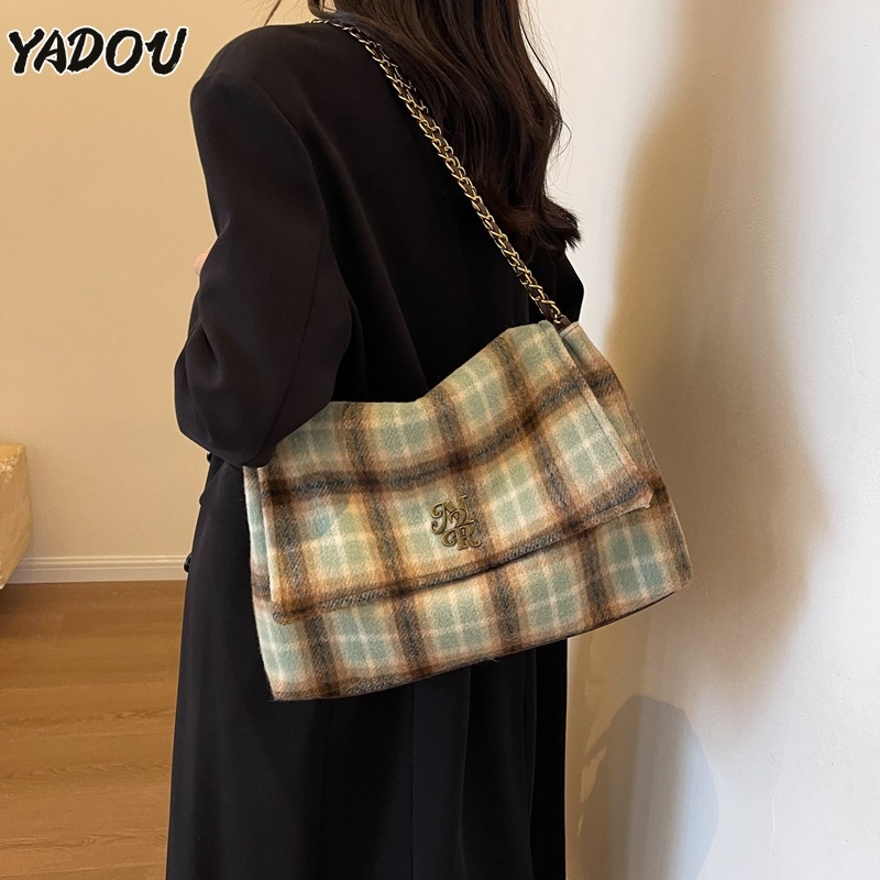 Yadou ใหม่ กระเป๋าสะพายไหล่ ทรงโท้ท ขนาดใหญ่ จุของได้เยอะ ลายสก๊อต แฟชั่นฤดูใบไม้ร่วง และฤดูหนาว
